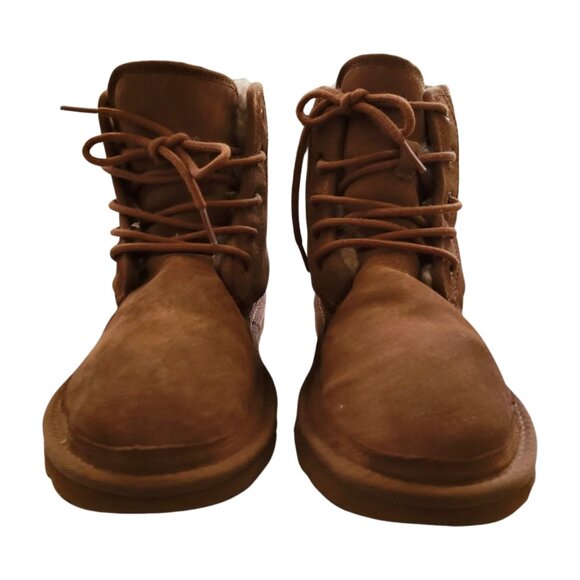 UGG Harkley Brown Boots Men's 8 Womens 10 Ankle Lace Up Suede Shearling Lined - Picture 5 of 12